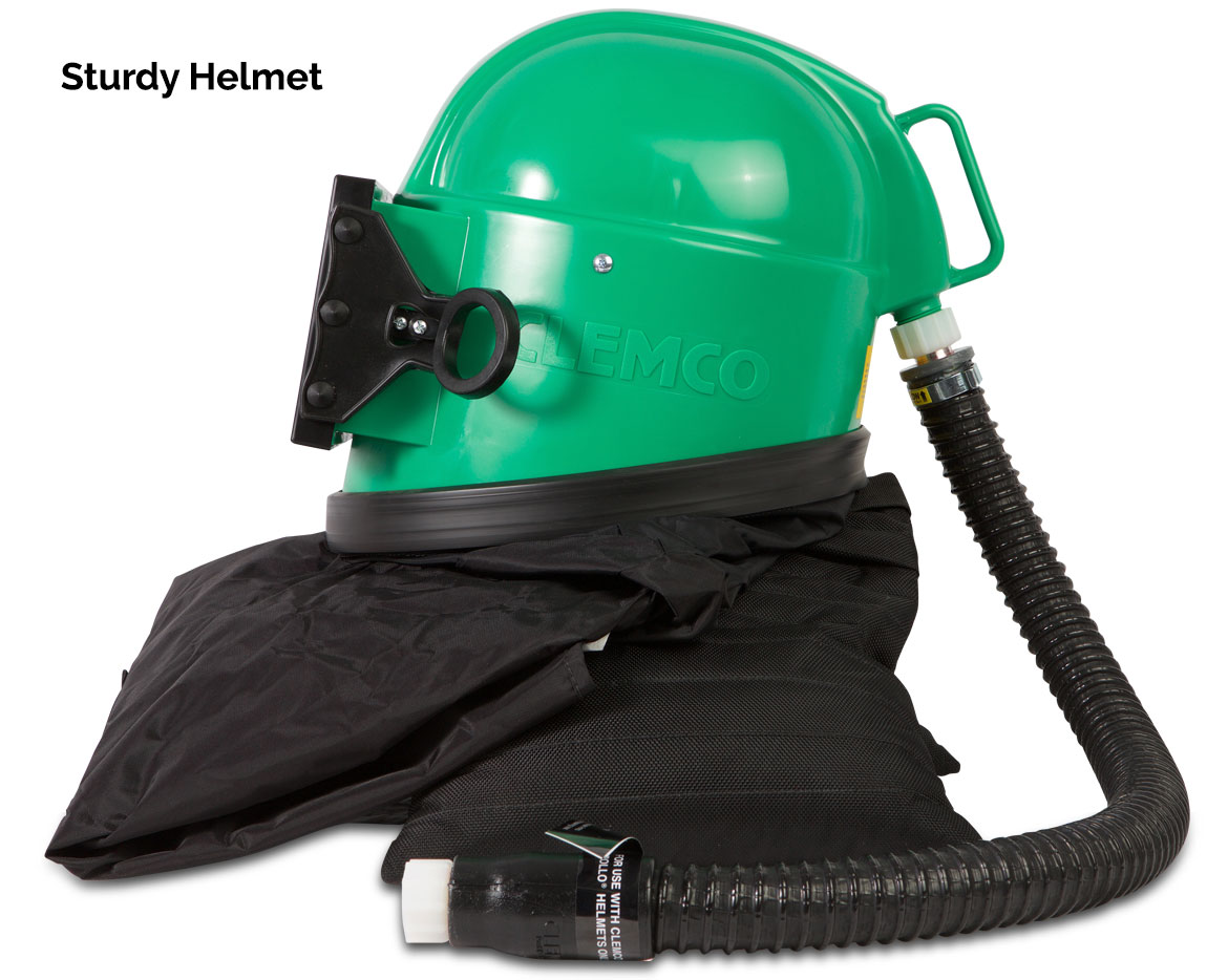 a green helmet with a hose