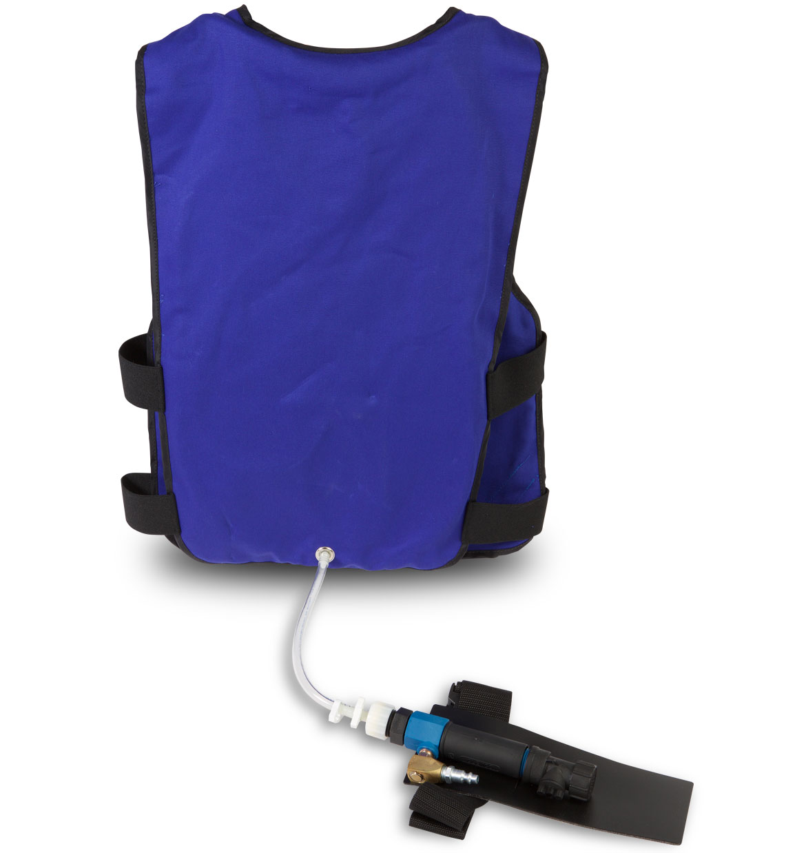 a blue vest with a hose attached to it