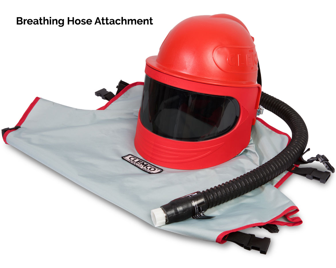 a red and grey helmet with a hose